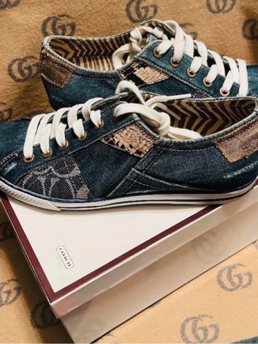 Coach Denim Patchwork Low-Top Sneakers in Blue and Cream Accents